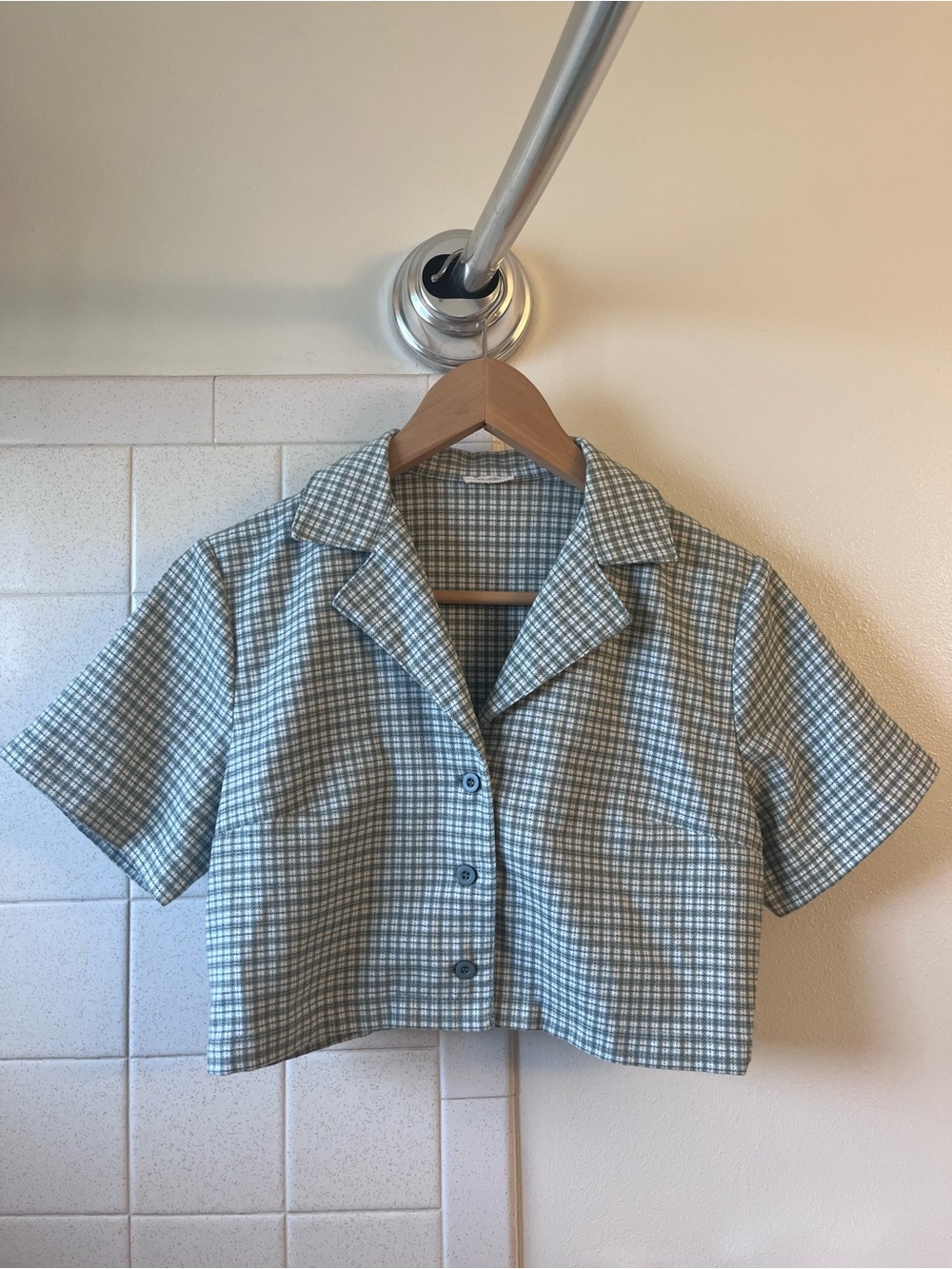 John Galt Brandy Melville Light Green and White Plaid Cropped Button-Down